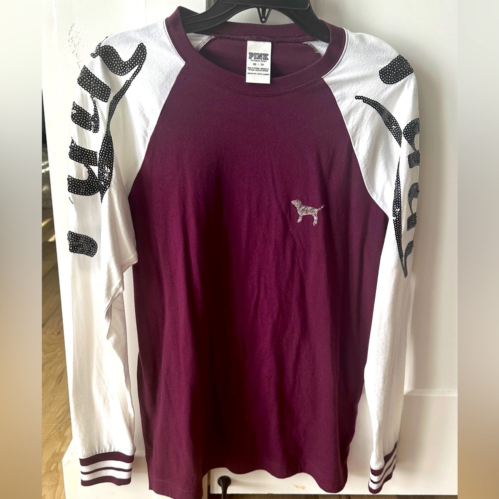 Pink Sequin Long Sleeve Baseball Style Tee